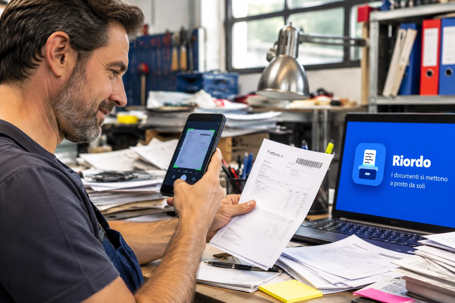 Un artigiano nel suo laboratorio fotografa una fattura con il telefono
