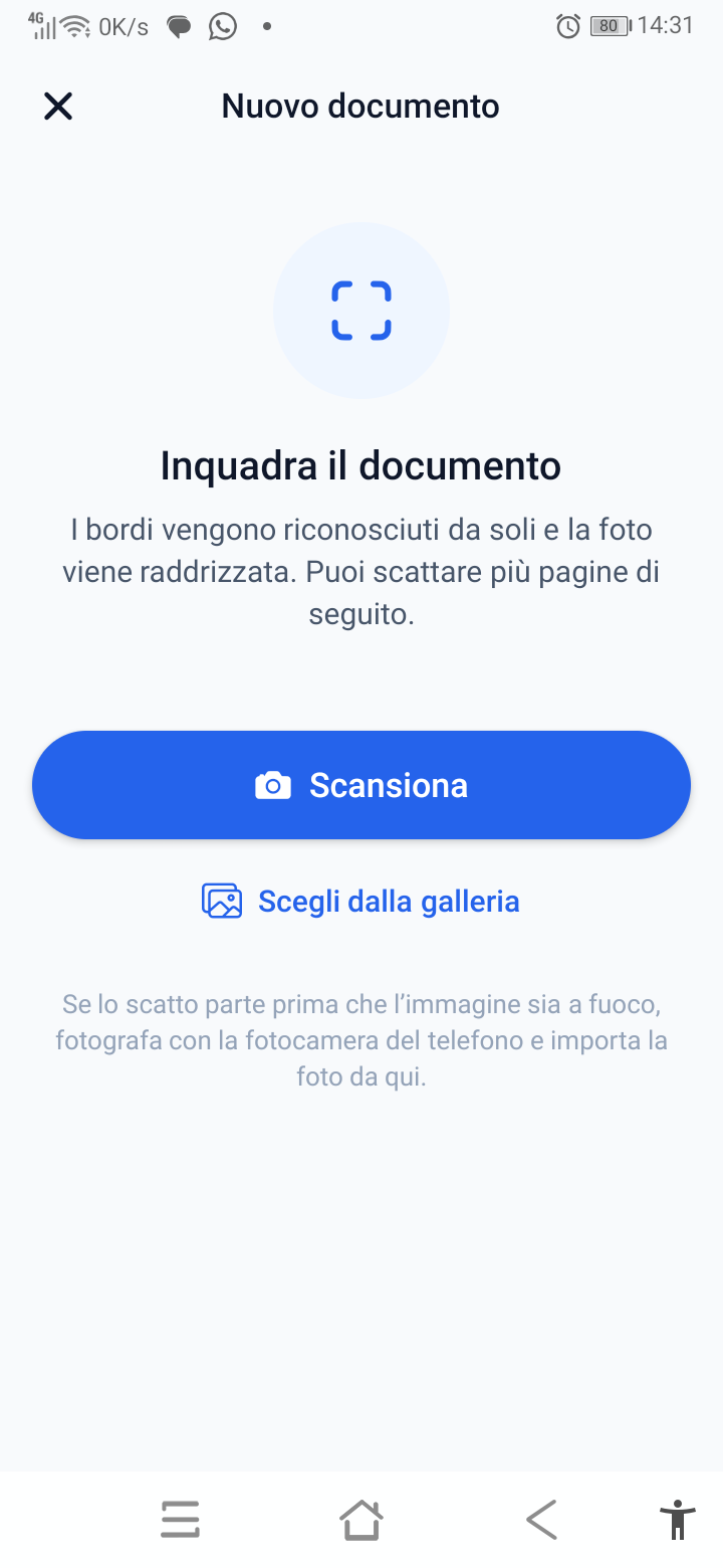 La schermata di scansione: i bordi del documento si riconoscono da soli e si possono scattare più pagine di seguito