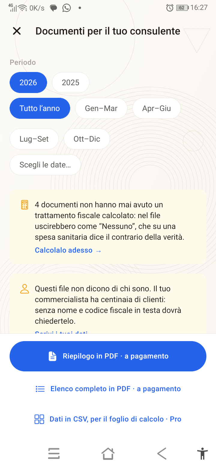Il riepilogo per il consulente: periodo, documenti senza trattamento fiscale calcolato, esportazione in PDF o CSV